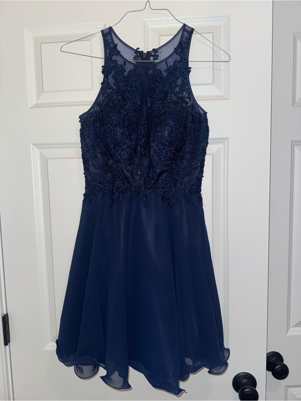 Dancing Queen Navy Beaded Lace Halter Mini Dress